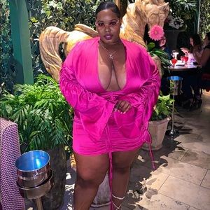 Hot Pink Satin Ruched Dress PLT